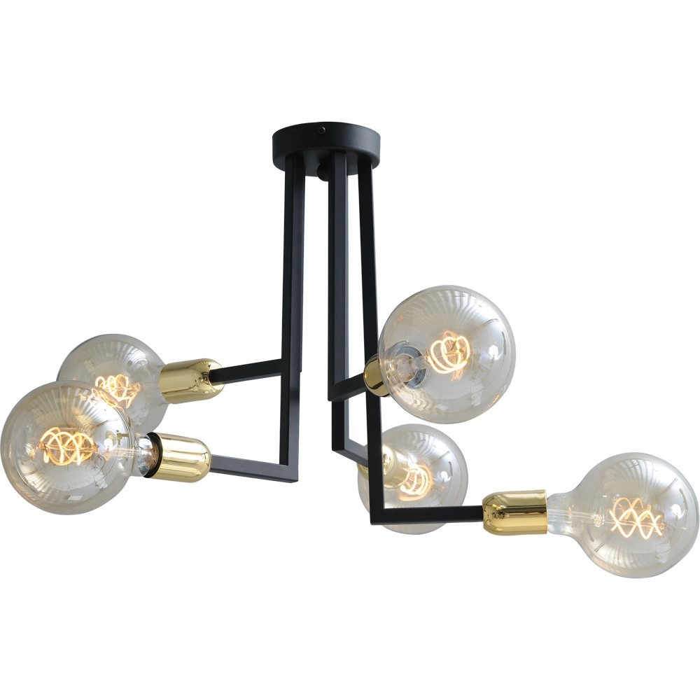 Black ceiling lamp Tube 5 lights with gold fittings