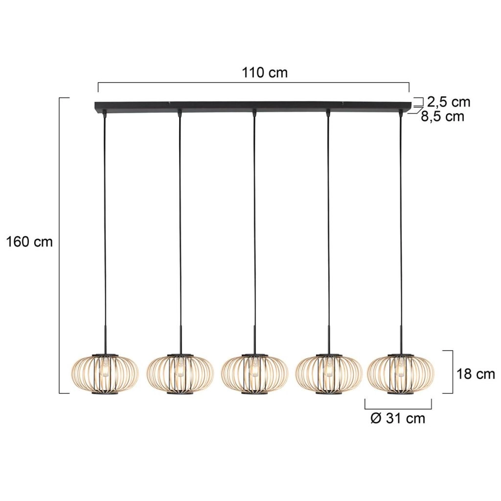 Pendant lamp 5-light straight Silva with bamboo caps Steinhauer 8712746183238