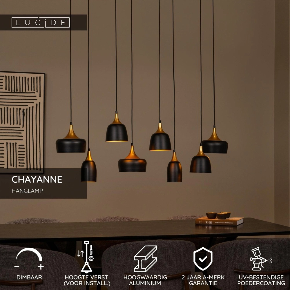 8-light pendant lamp Chayanne Design black with gold Lucide 5411212051554