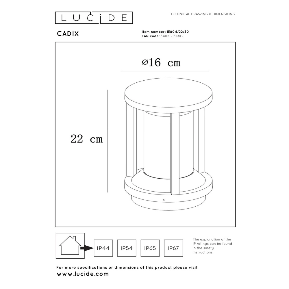 Pedestal lamp 22cm Cadix black IP65 Lucide 5411212151902