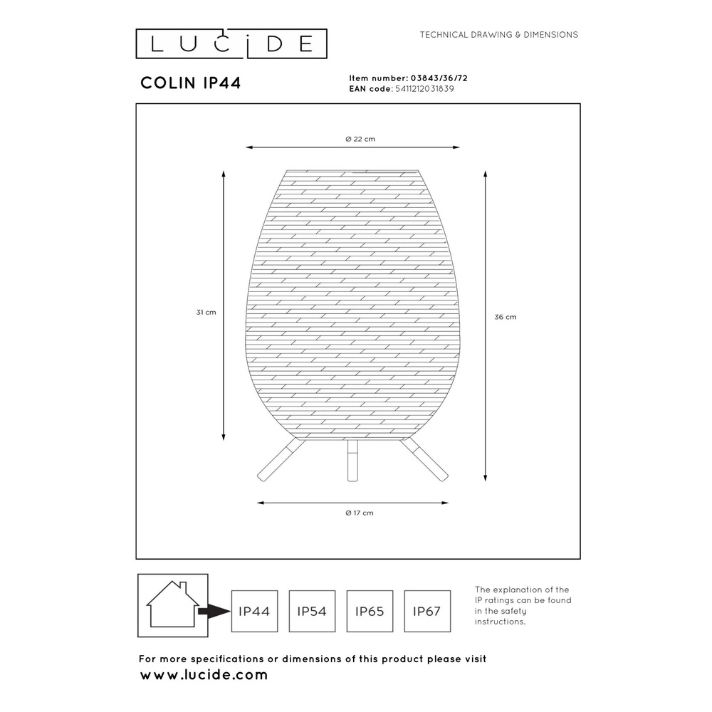 Rechargeable table lamp Colin Ip44 Rattan Lucide 5411212031839