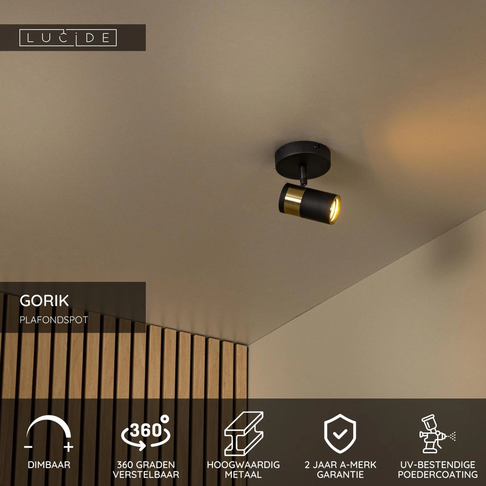 Ceiling lamp Gorik Single black with gold Lucide 5411212530974