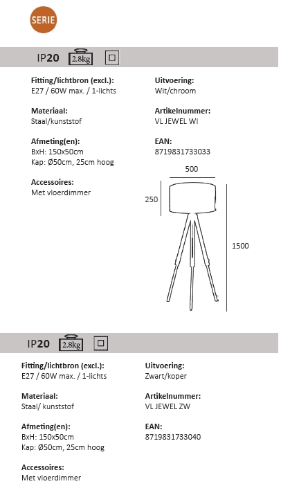 Tripod floor lamp Jewel 150cm white with gray Artdelight 8719831733033