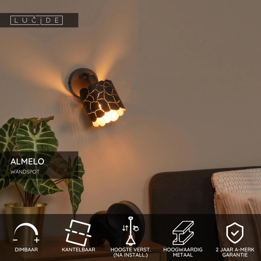 Wall lamp Almelo Black with gold inside Lucide 5411212211866