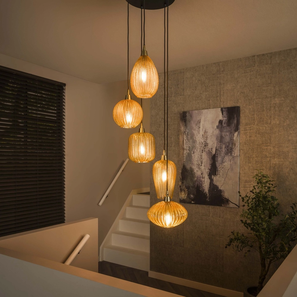 Dining room pendant lamp V-Shape 5-light - ribbed glass
