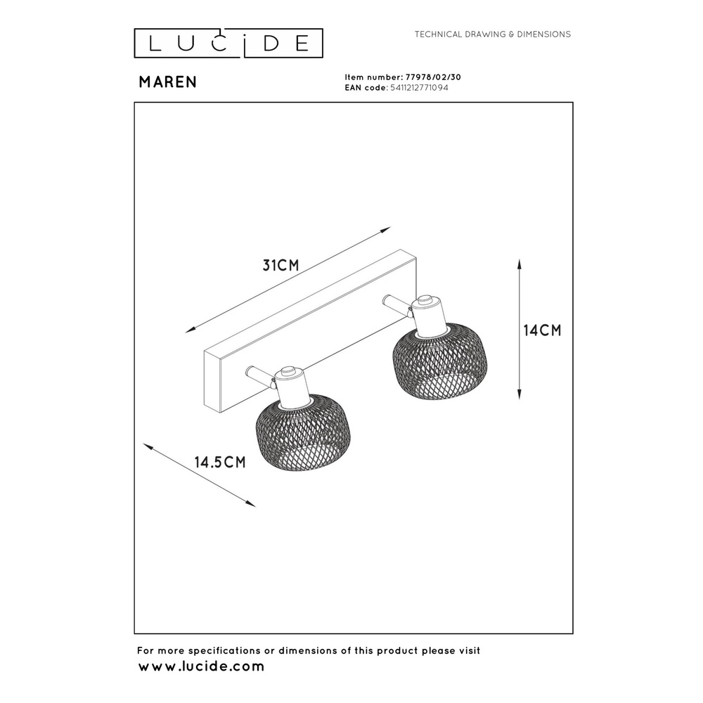 Ceiling light Maren 2-light black Lucide 5411212771094