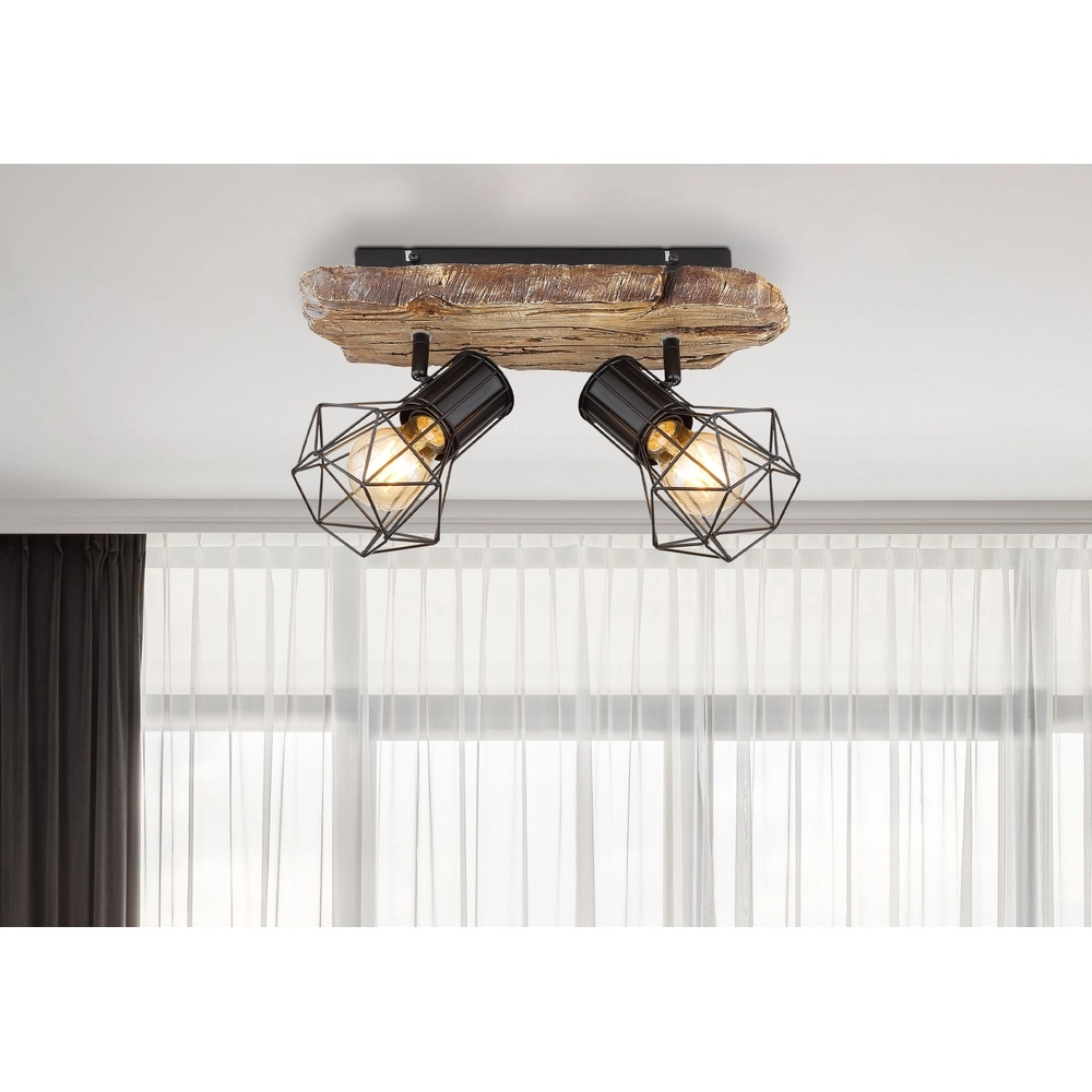 Ceiling lamp Priska 2-light black with wood Globo 9007371442362