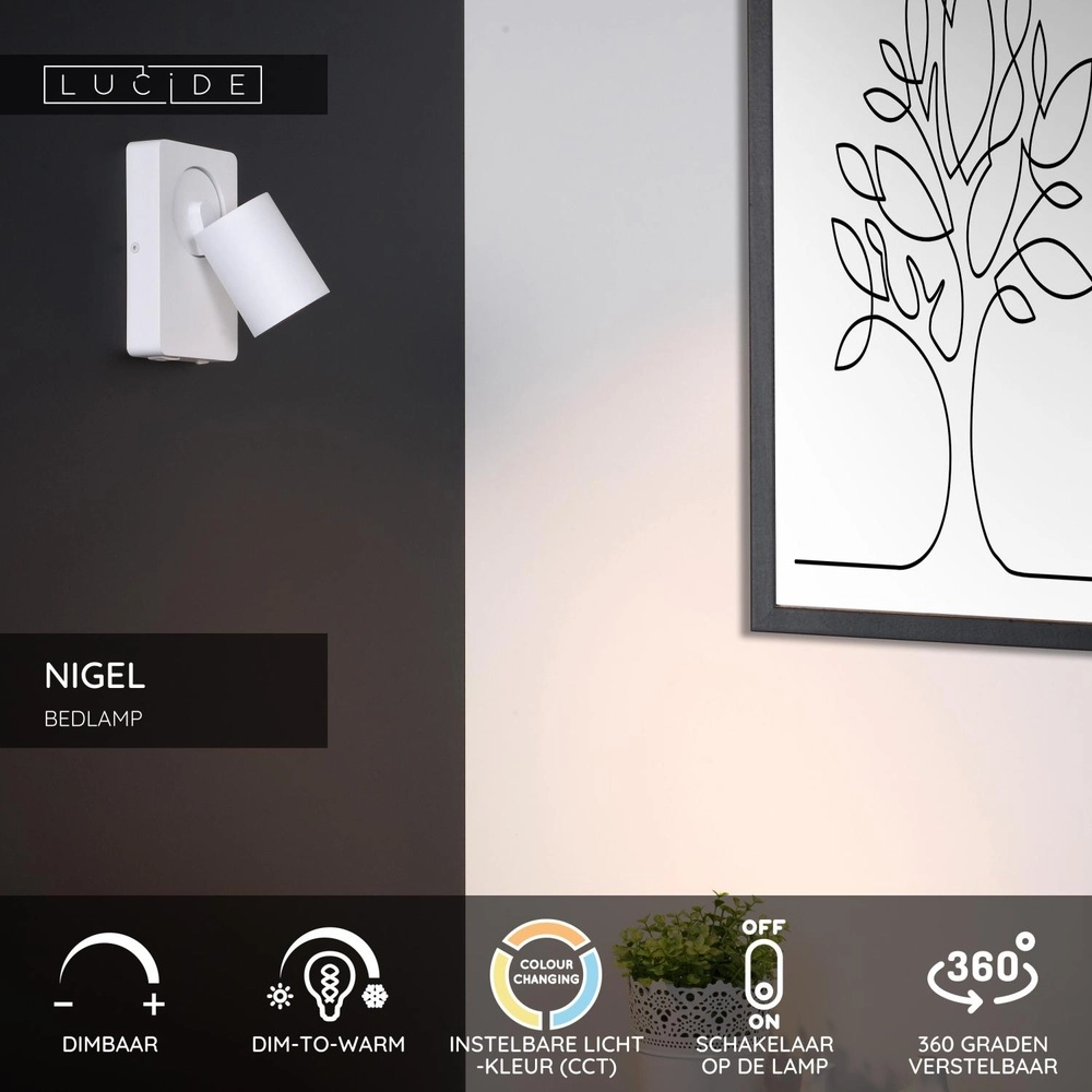 Bedside lamp Nigel with USB charging point white Lucide 5411212092748