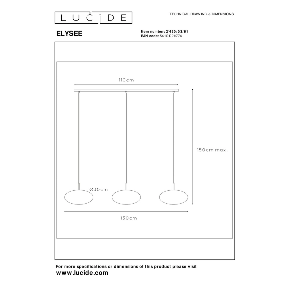 3-light pendant lamp Elysee Design black with opal Lucide 5411212211774