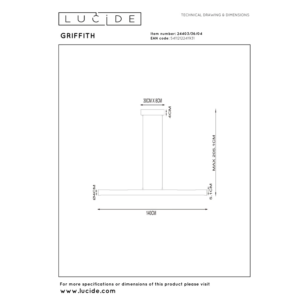 Sleek pendant lamp Griffith bronze 140cm Premium by Lucide 5411212241931