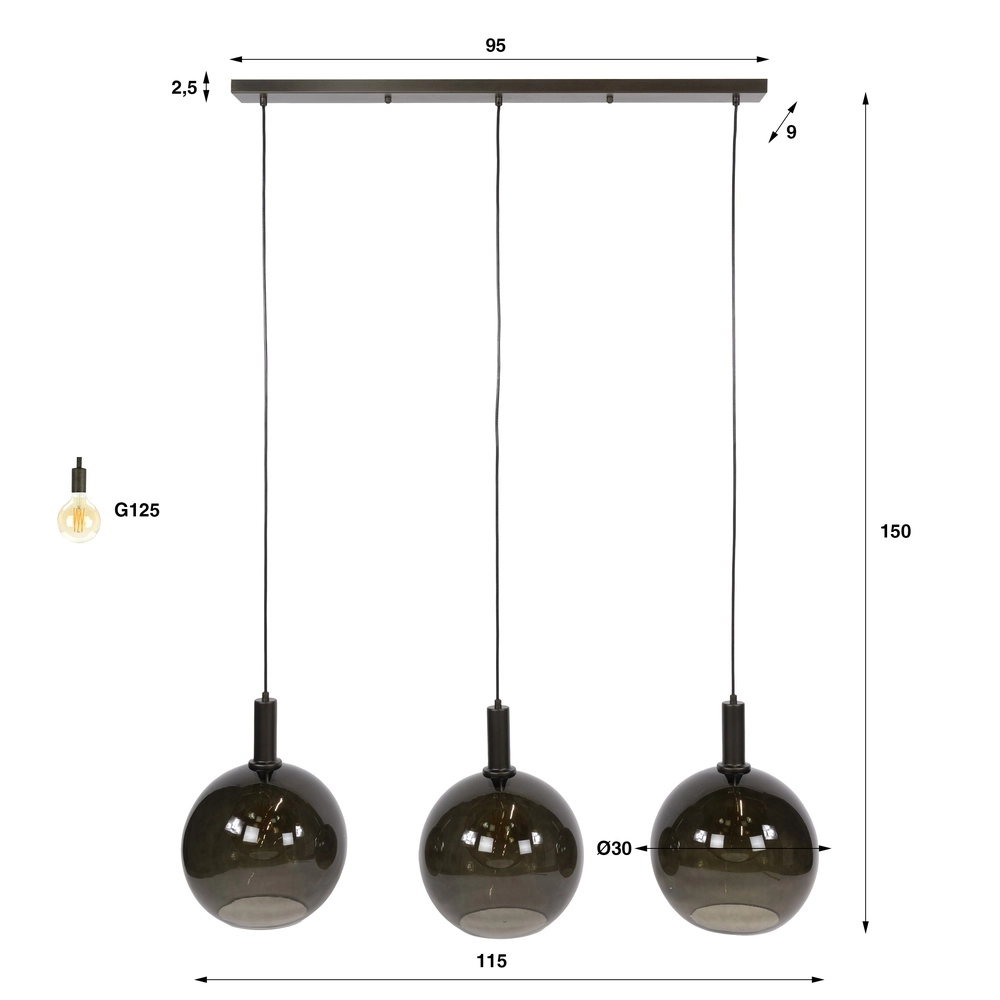 Glass pendant lamp Sfera 3x Ø 30cm - smoke glass Lyora 8716803512368