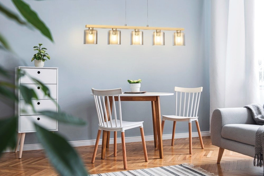 Dining room pendant lamp Castralvo wood brown with amber glass Eglo 9008606310050