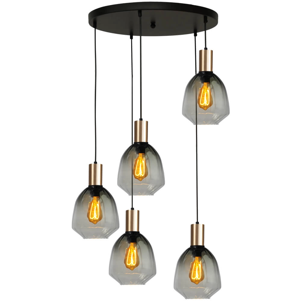 5-light loft hanging lamp - gold - Porto with Nicolette green glasses