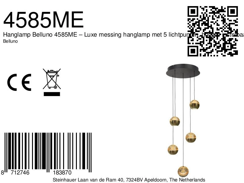 5-light vide pendant lamp Belluno LED - brass gold with glass Steinhauer 8712746183870