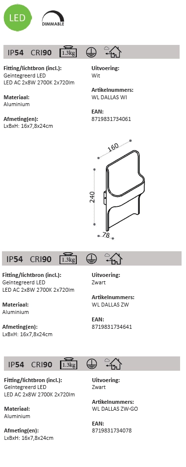Led outdoor lamp Dallas Up-Down white Artdelight 8719831734061
