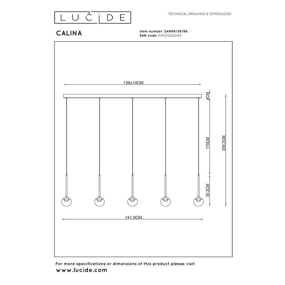 5-light pendant lamp Calina with amber spheres Premium by Lucide 5411212242143