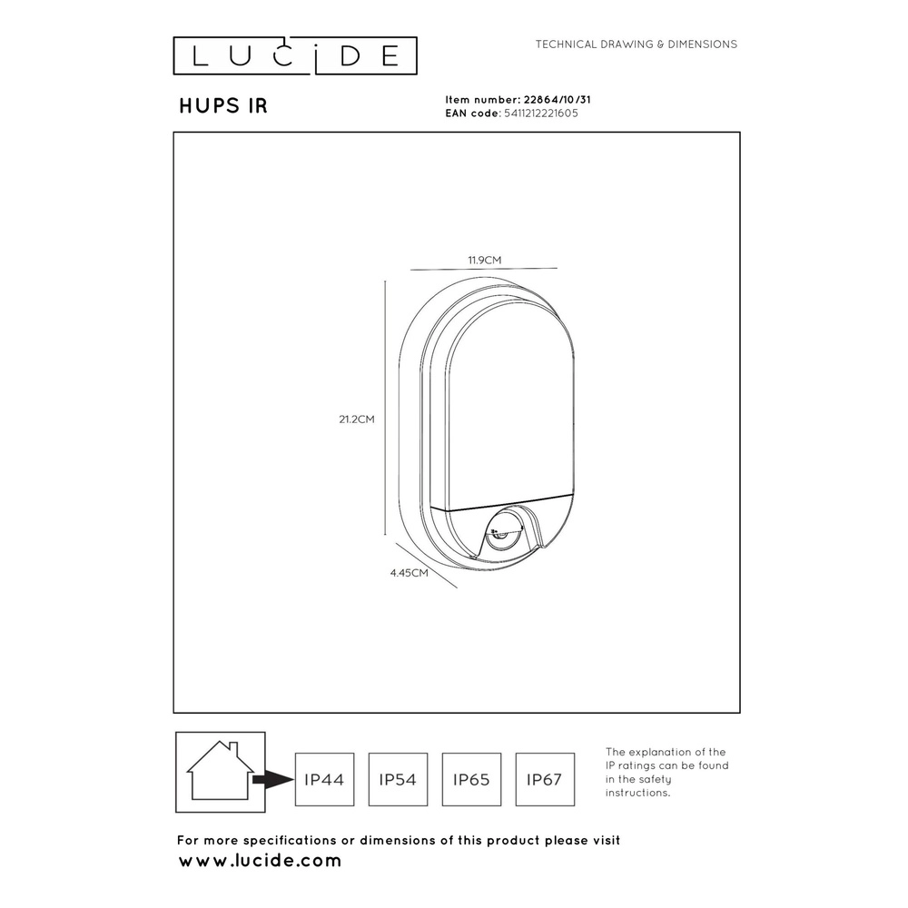 Oval wall lamp Hups Ir White with sensor Lucide 5411212221605