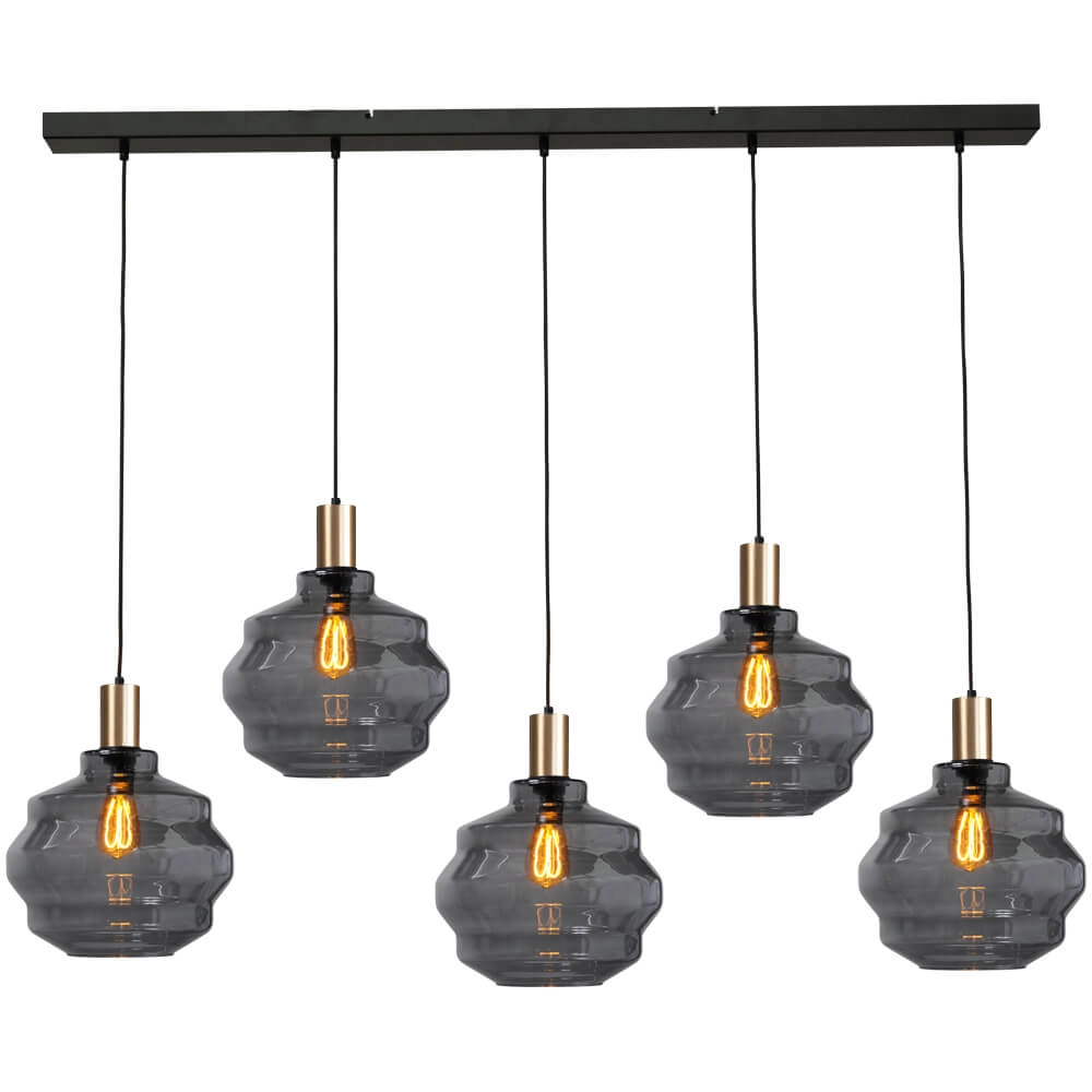 5-light hanging lamp - gold - Porto with Ball smoke glasses - Ø 30cm