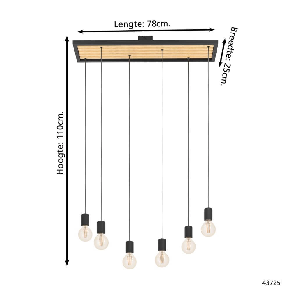 6-light pendant lamp Consett black with wood Eglo 9002759437251