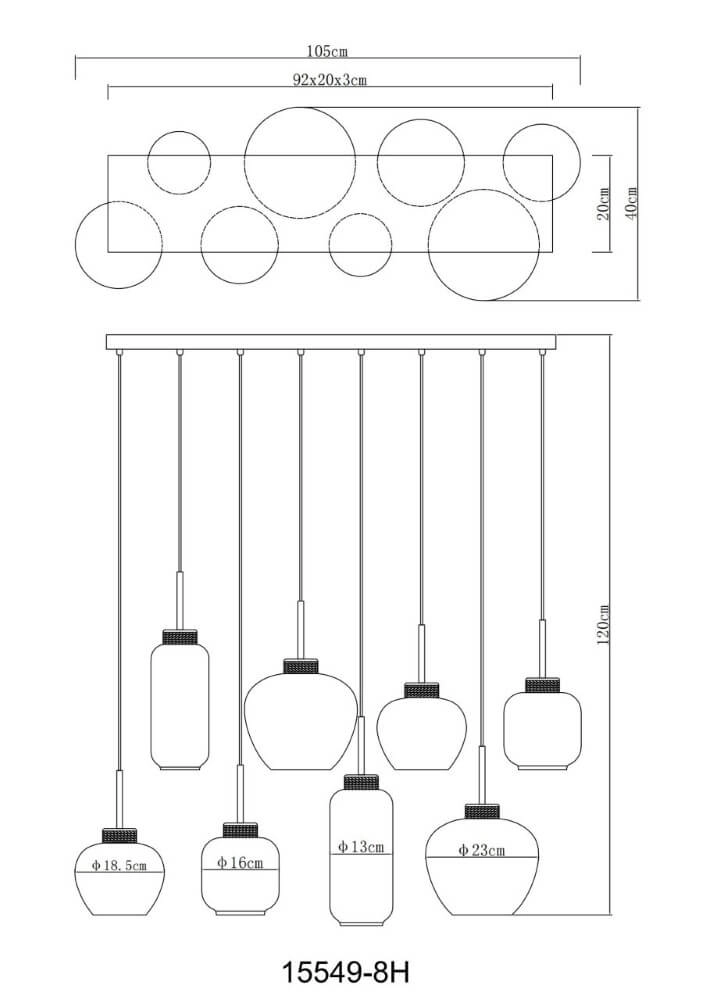 8-light pendant lamp Matt black with wood Globo 9007371444519