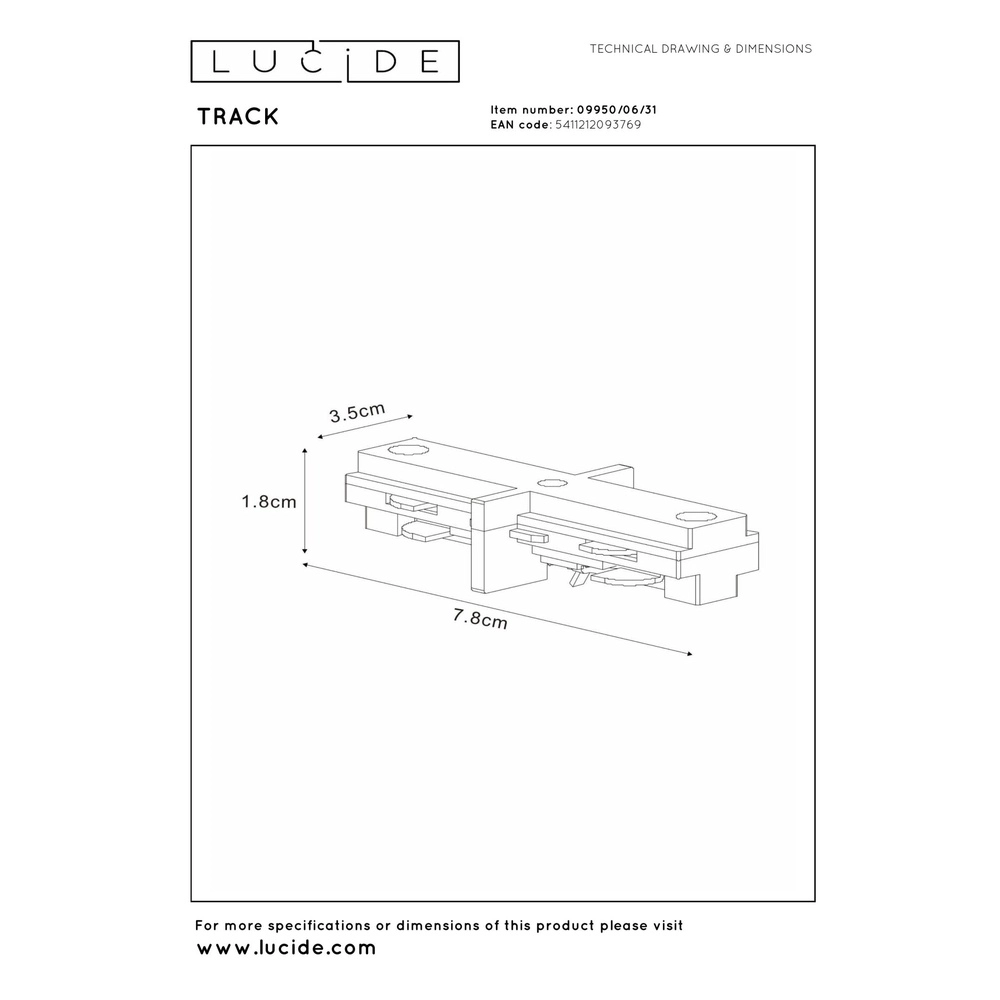 Rail connector straight Track 1-phase white Lucide 5411212093769