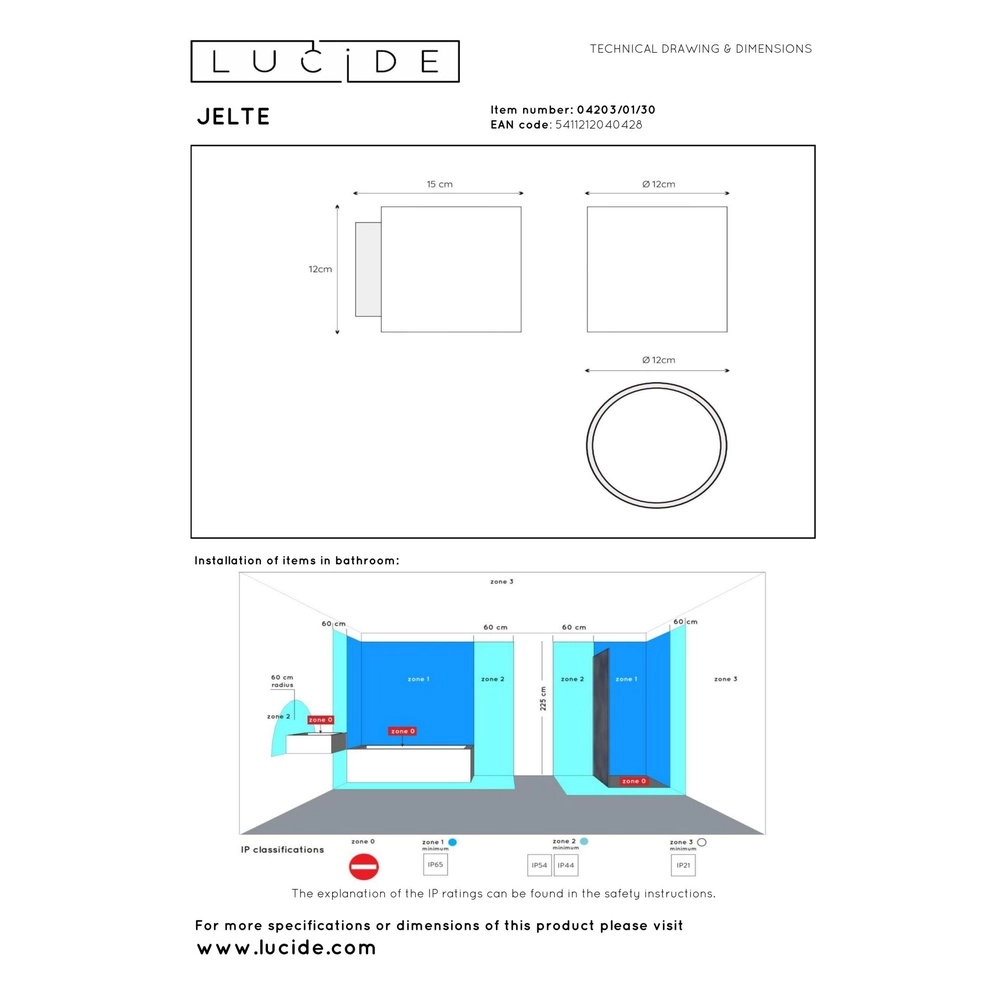 Design wall lamp Jelte IP44 suitable for bathroom Lucide 5411212040428