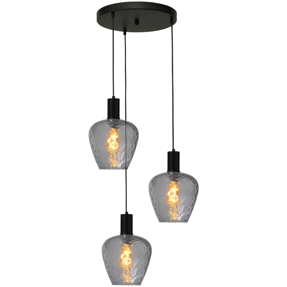 3-light loft hanging lamp - black - Porto with Diamond smoke glasses