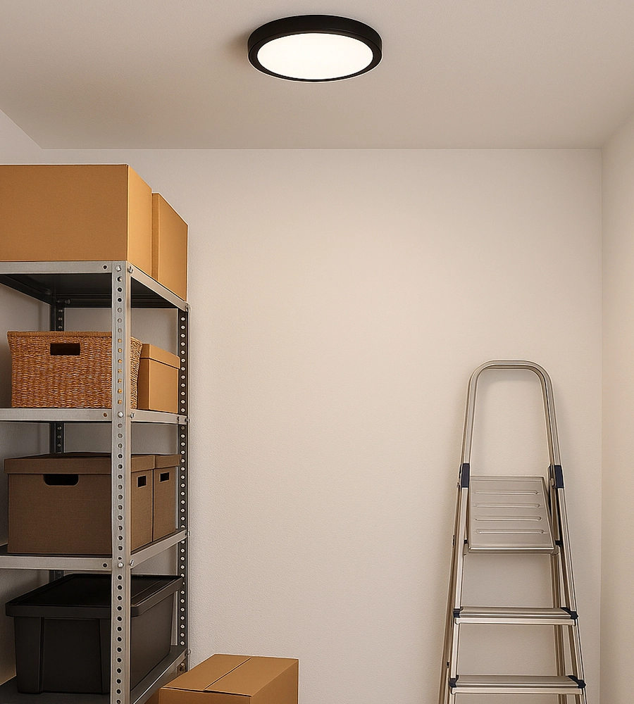 Black ceiling light in basement with rack and stairs