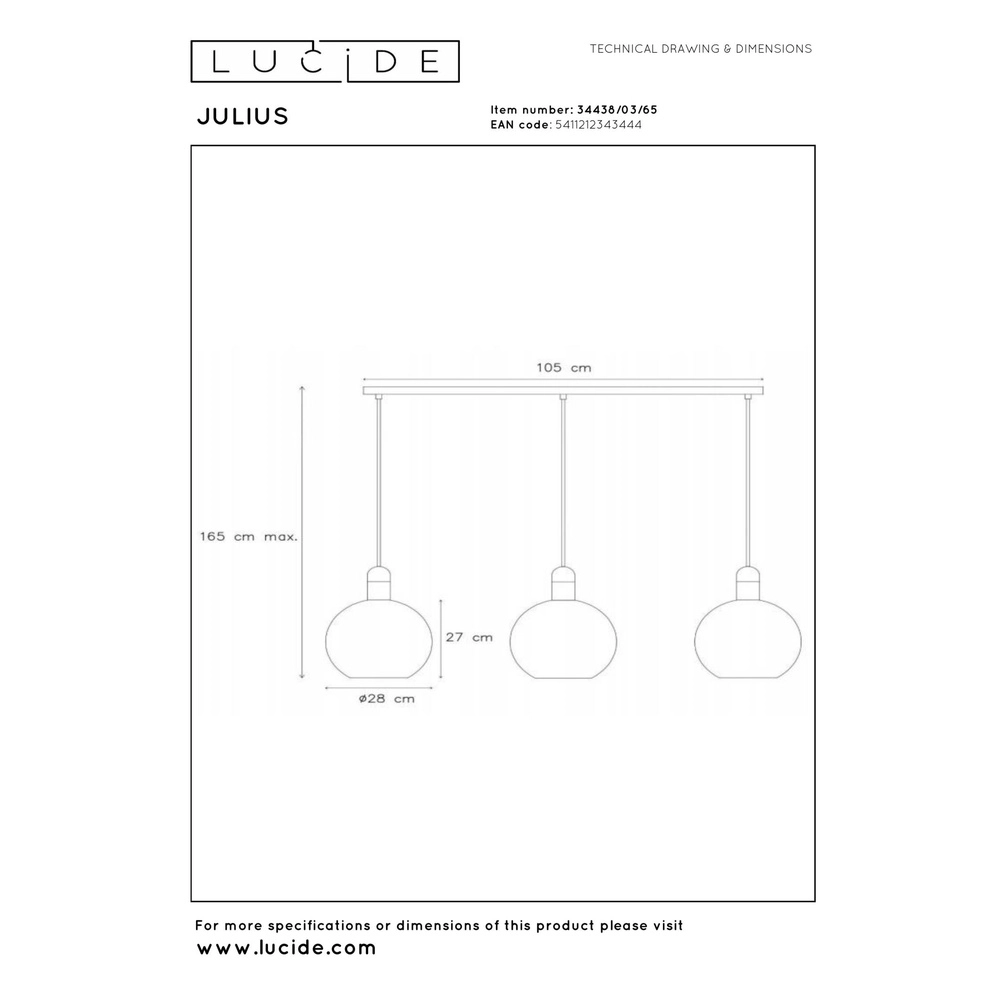 3-light pendant lamp Julius smoke glass Lucide 5411212343444