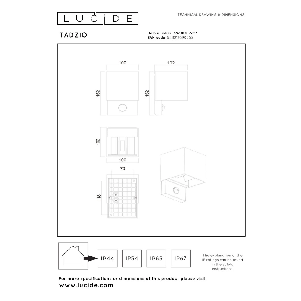 Square wall lamp Tadzio with sensor rust brown Lucide 5411212690265