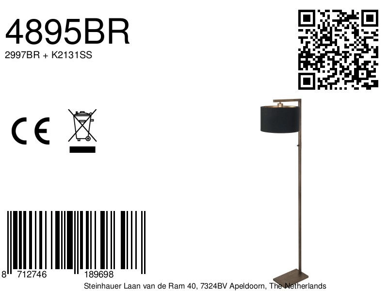 Floor lamp bronze Stang with black hood Steinhauer 8712746189698