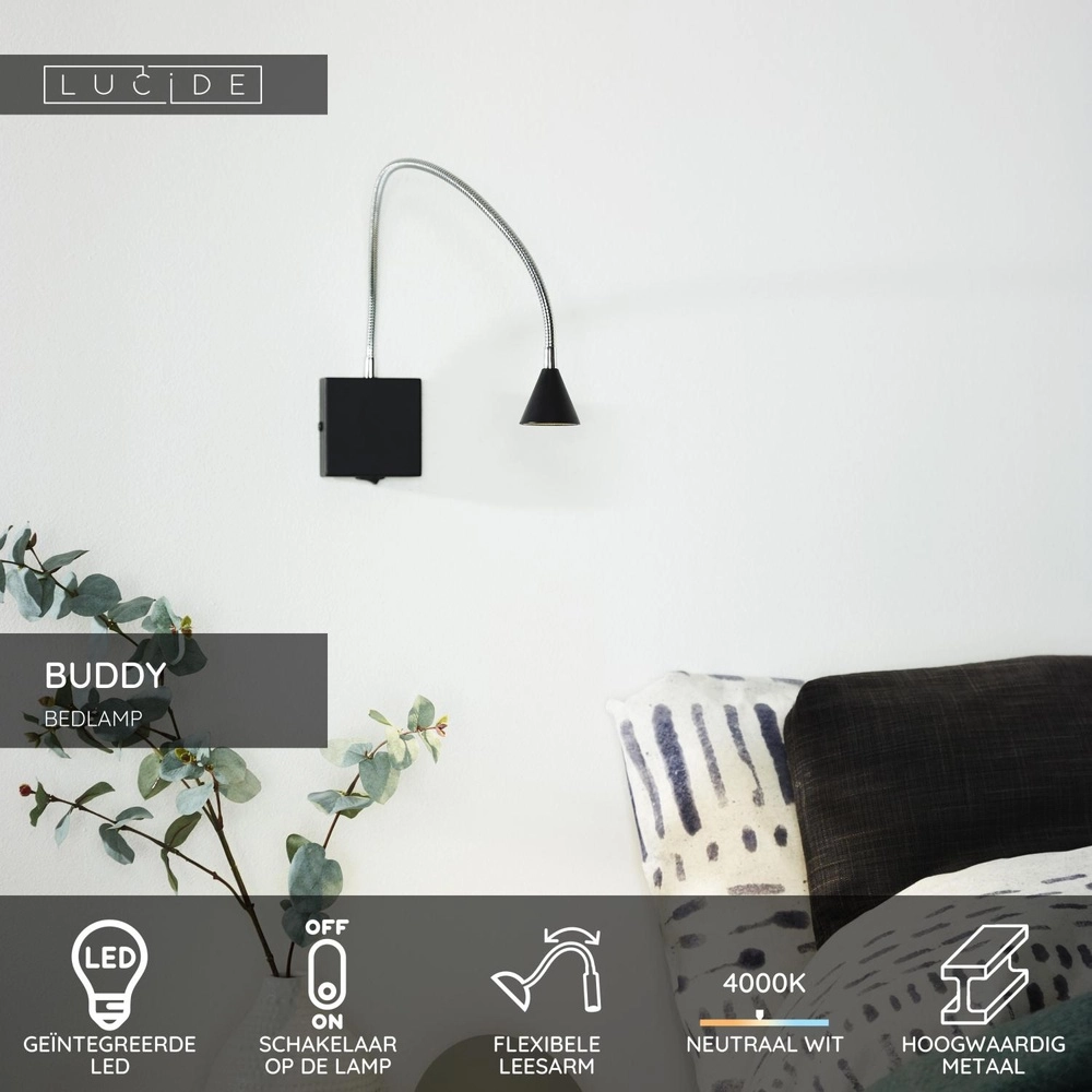 Bed reading light Buddy 4000K black Lucide 5411212185532