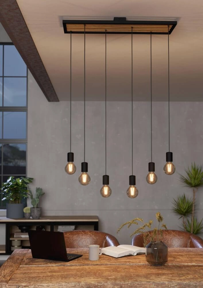 6-light pendant lamp Consett black with wood Eglo 9002759437251