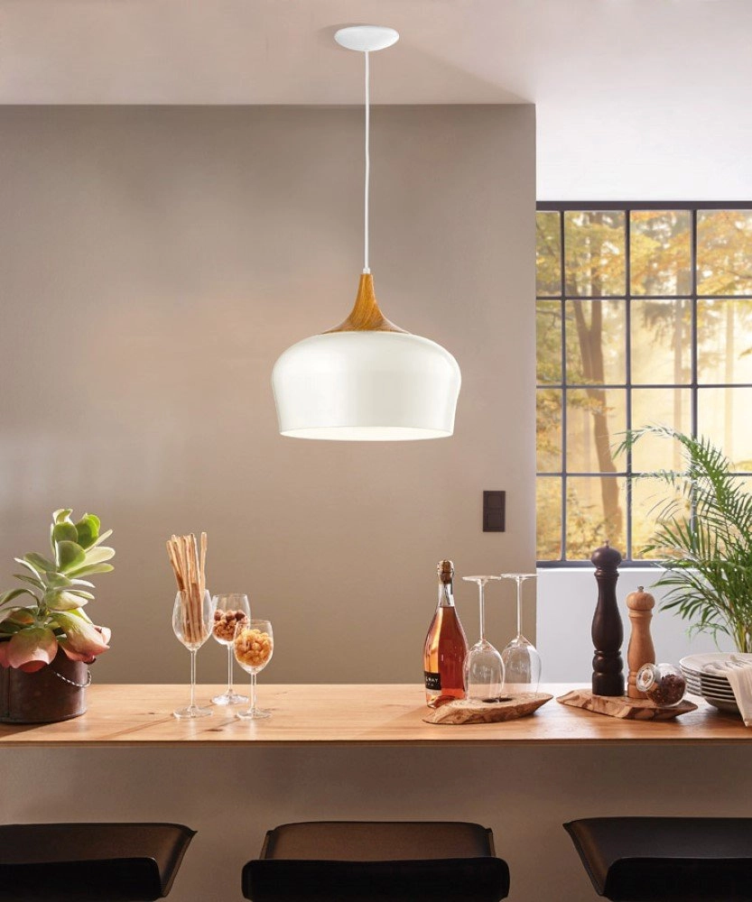Pendant lamp Obregon white with wood brown Eglo 9002759953836
