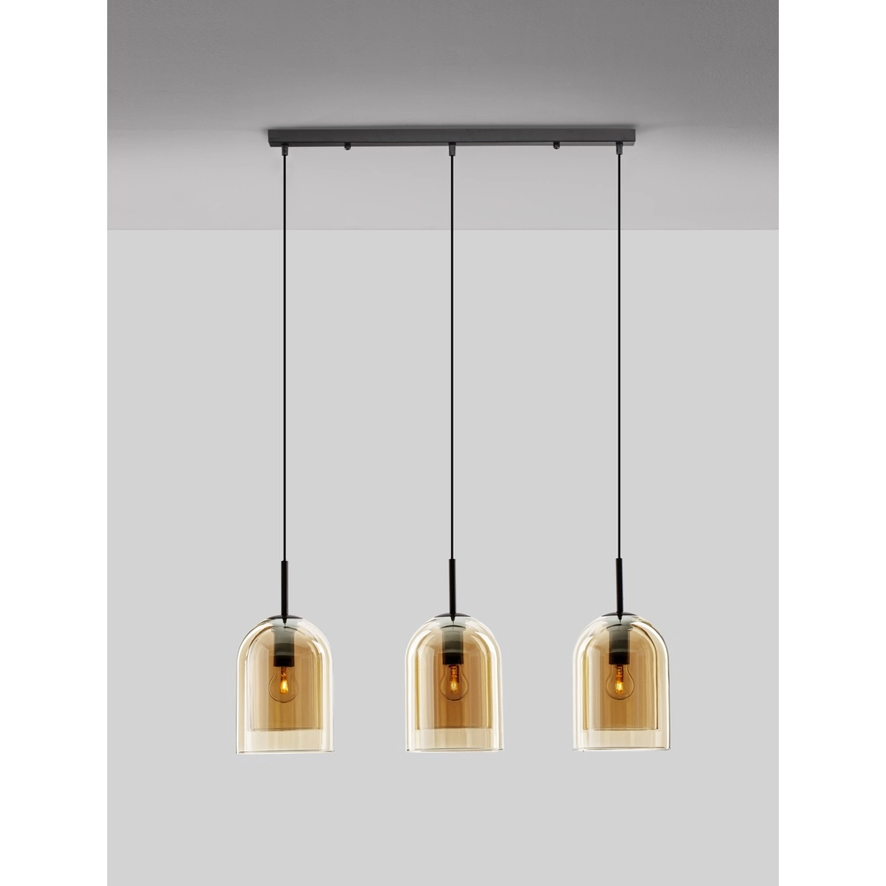 Pendant lamp Velor 3-light black with amber glass straight