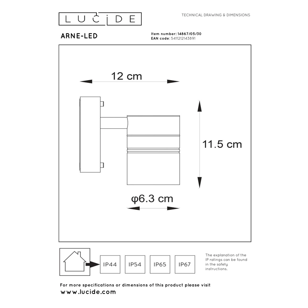 Wall spotlight Arne-Led Down Black Lucide 5411212143891