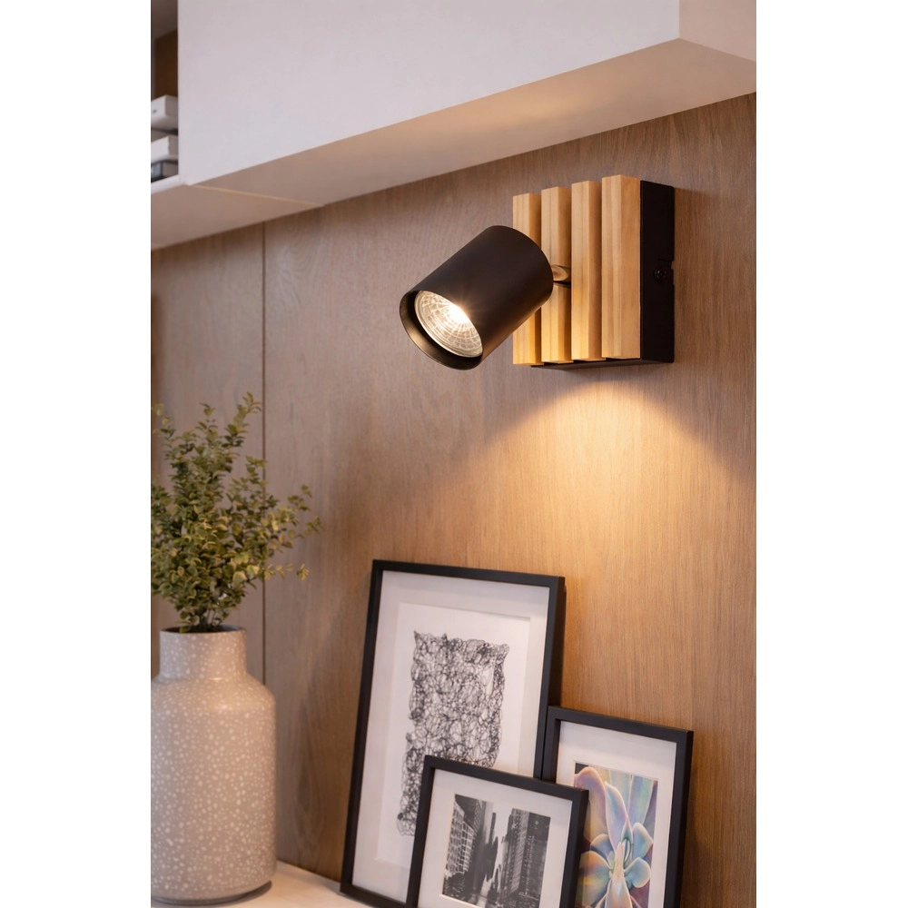 Modern spotlight Cembrano Single black with wood Eglo 9008606389049