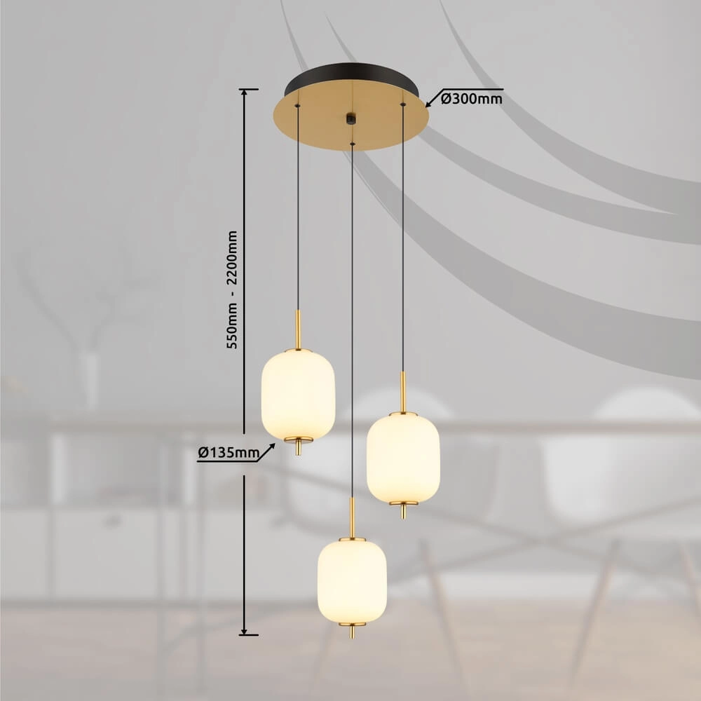 Golden pendant lamp Ewald 3-light Ø 37.5cm white glass Globo 9007371446582