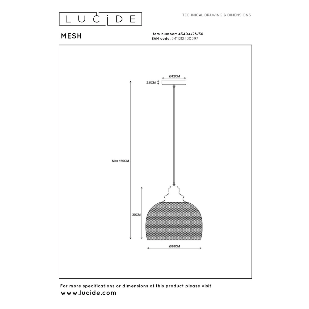 Mesh pendant lamp Mesh Ø 28cm black Lucide 5411212430397