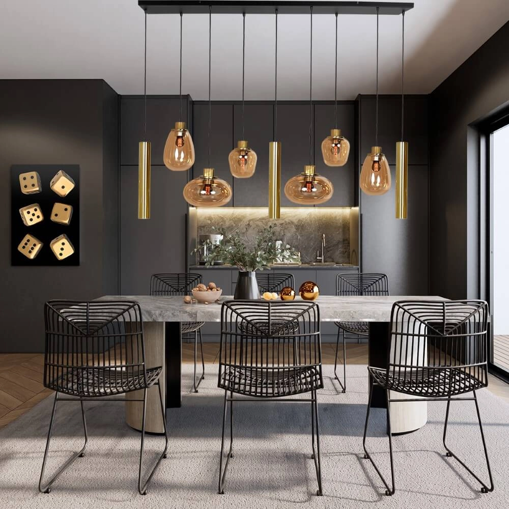 Dining table hanging lamp Reflexion gold with amber glass Steinhauer 8712746172966