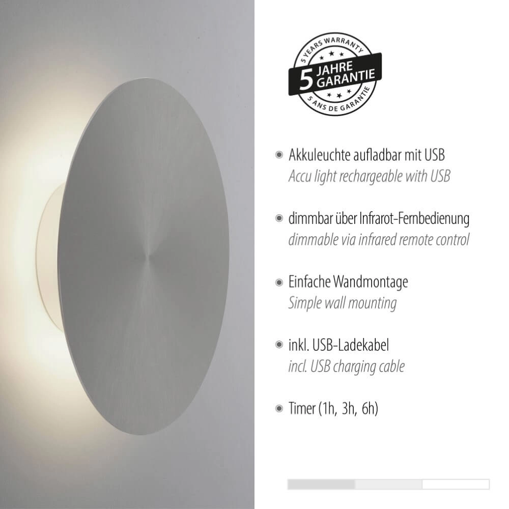 Design wall lamp Akku Puntua Ø 25cm grey Paul Neuhaus 4012248372517