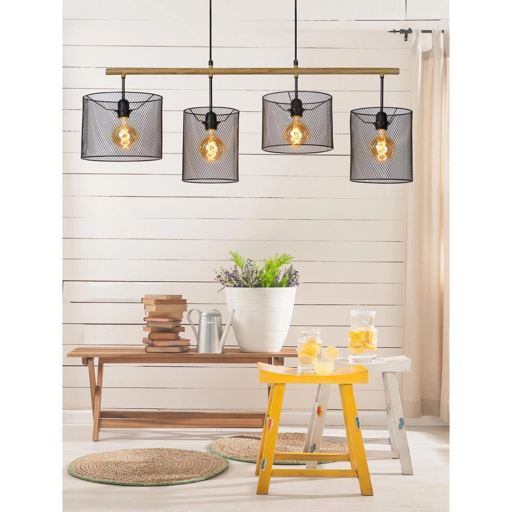 4-light pendant lamp Baskett black with wood Lucide 5411212450531