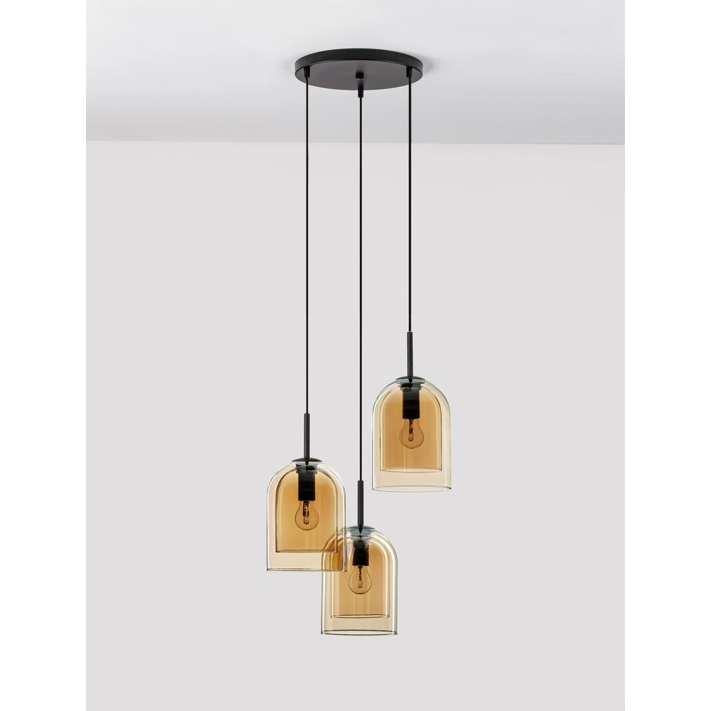 Pendant lamp Velor 3-light black with amber glass round Lyora 5212017431219