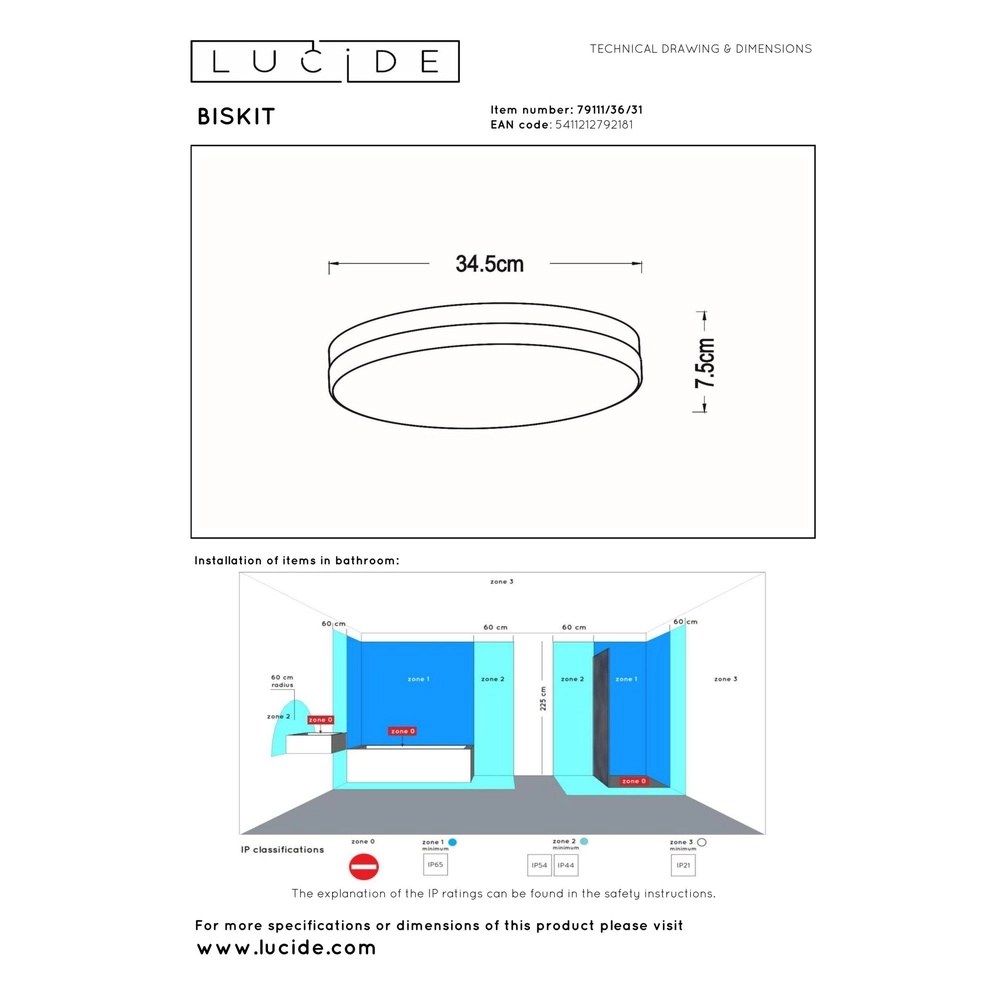 Ceiling light Biskit Ø 34.5cm - IP44 white Lucide 5411212792181