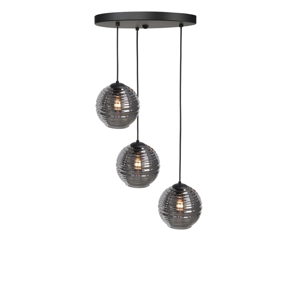 3-light pendant lamp Fantasy black with ribbed glass