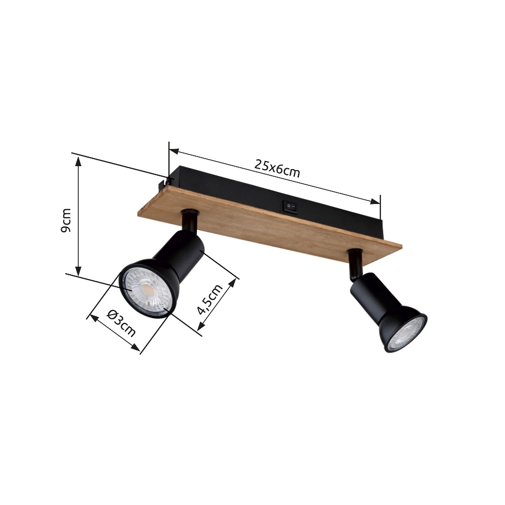 Ceiling spotlight Drew black with wood 2-lights Globo 9007371430789