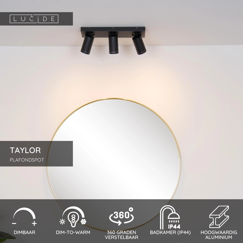 Ceiling spotlight Taylor IP44 3-light black Lucide 5411212092656