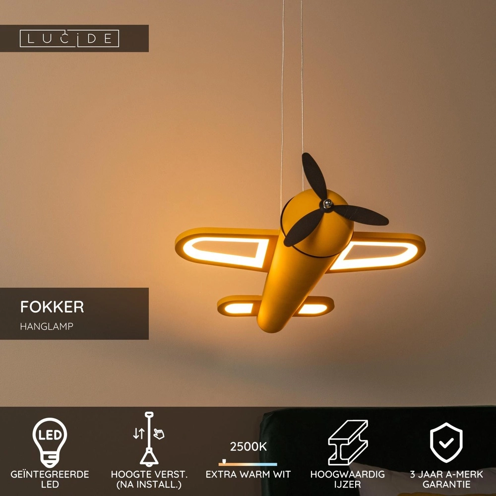 Children's room pendant lamp Fokker Airplane Yellow Lucide 5411212771483