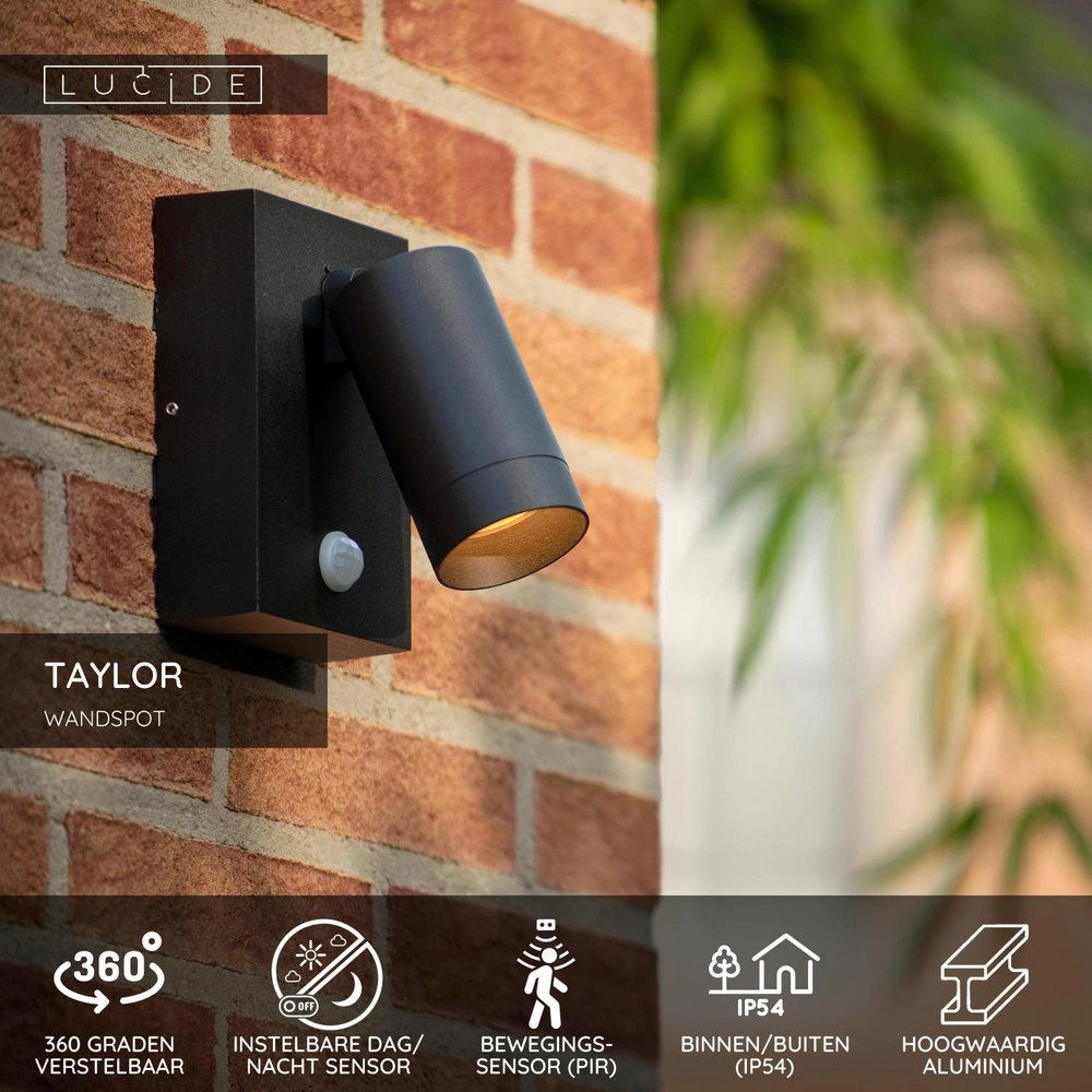 Wall spotlight Taylor IP54 with sensor black Lucide 5411212092694