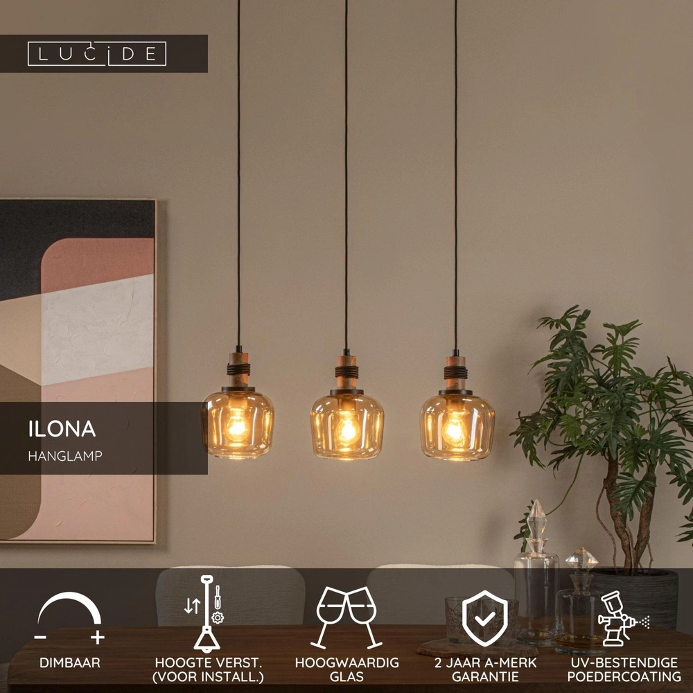 3-light pendant lamp Ilona black with amber glass Lucide 5411212452689